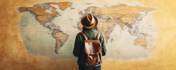 a traveler gazes at a vintage world map, embodying wanderlust and adventure in a cozy atmosphere.