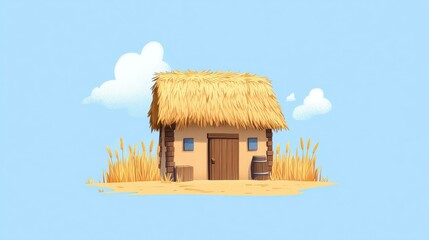 Wall Mural - A vibrant D design of a straw hut, showcasing modern textures and playful cartoon elements for a fun, unique look.