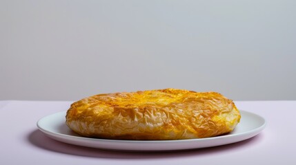 Wall Mural - A Single Round Loaf of Bread with a Golden Crust on a White Plate