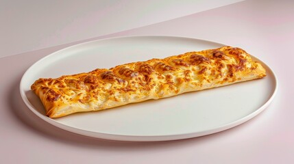 Wall Mural - A Long, Rectangular, Baked Pastry Covered in Cheese on a White Plate