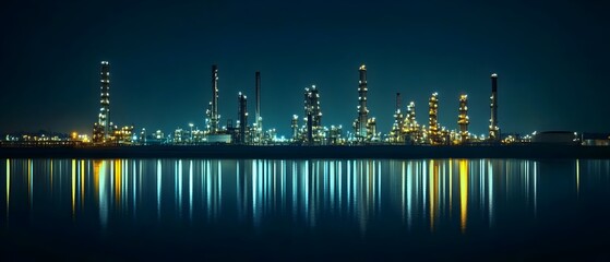 Poster - Illuminated Cityscape of a Petrochemical Refinery Plant Reflecting in the Water at Night