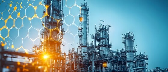 Poster - A complex industrial oil refinery facility showcasing the role of chemical engineering in transforming crude oil into a variety of valuable fuel energy and petrochemical products