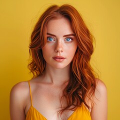 Poster - Close-up portrait of a young woman with red hair and freckles, looking directly at the camera.