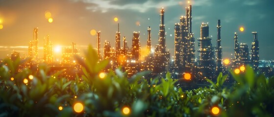 Poster - Illuminated refinery skyline with glowing towers pipelines