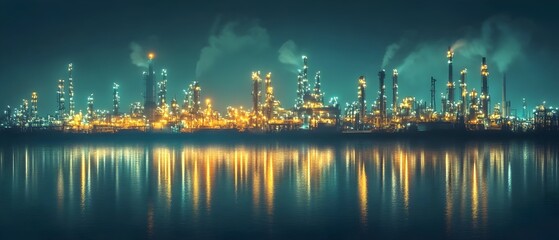 Poster - Illuminated Petrochemical Refinery Skyline Reflecting on Water at Night   Depiction of Industrial Processes Producing Finished Chemical Products from Crude Oil