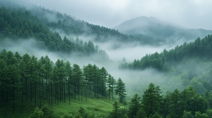 Wall Mural - Misty morning with dense fog rolling over a forest