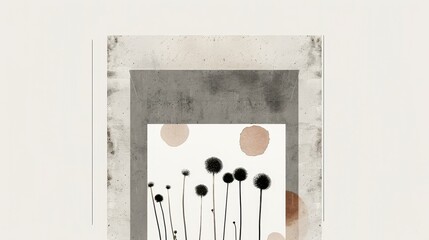 Abstract Art with Black and White Lines and Tan Blobs within a Grey Frame