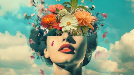 Poster - Collage of woman's face and blooming flowers against a blue sky.