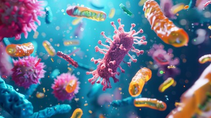 Canvas Print - Colorful 3D illustration of a virus and bacteria.