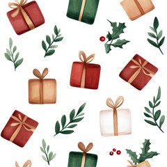 Wall Mural - Seamless festive pattern with colorful gift boxes and green foliage. Perfect for holiday decorations and wrapping paper designs.