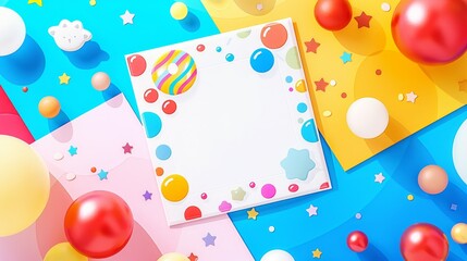 Wall Mural - Blank Notecard Surrounded by Colorful Balloons and Paper