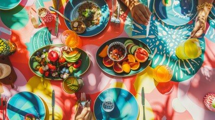 Colorful and vibrant table setting with food, drinks, and colorful tableware.