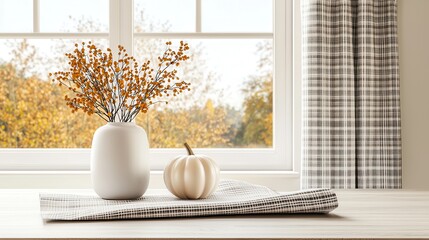 Poster - Fall Home Decor with Dried Flowers and Pumpkin on Wooden Table.