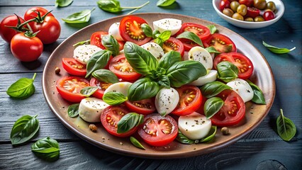 Wall Mural - Plate of delicious caprese salad with fresh mozzarella, ripe tomatoes, and aromatic basil leaves