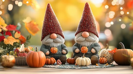 Canvas Print - Gnomes with Pumpkins in Autumn Setting.