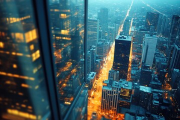 pov looking down at a city from a skyscraper aerial photography, with copy space