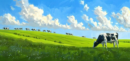 Sticker - Herd of Cows Grazing in a Meadow Under a Blue Sky