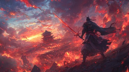 Samurai Warrior with Sword in Burning City Landscape