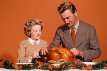 1940s Thanksgiving postcard featuring a family in vintage attire, carving a turkey at an elegantly set table with autumn wreaths