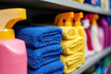 Organized cleaning supplies on a shelf still, life photography, with copy space