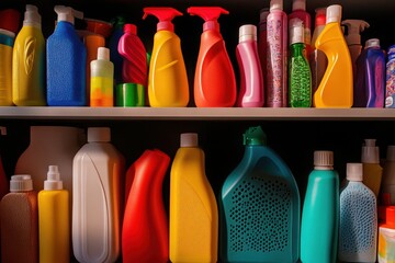 Organized cleaning supplies on a shelf still, life photography, with copy space