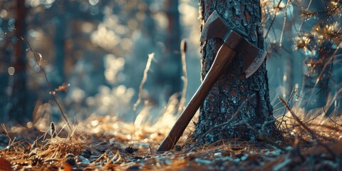 Metal axe next to a fir tree in the forest