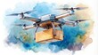 © Kukar Studio - Detailed watercolor graphic of a futuristic delivery drone, perfect for s and designs