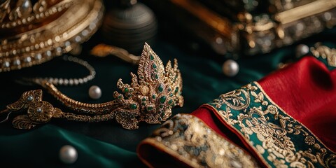 Traditional Thai Crown with Green Emerald Stones and Gold Accents