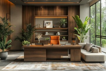 Poster - A modern office with a wooden desk and a comfortable couch