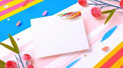 Blank White Card with Colorful Background and Flowers