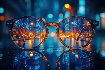 Poster - A pair of glasses with a city reflected in the lenses