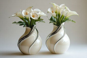 Two white vases with flowers in them