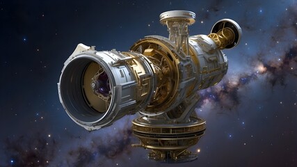  A detailed view of a space telescope capturing distant galaxies, with intricate machinery and a star-filled background.