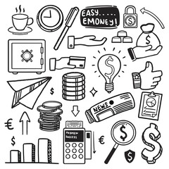 Wall Mural - Doodle office and business drawing set. Collection of symbols and drawings that represent various financial concepts