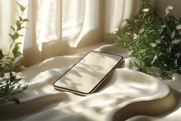 Poster - A phone is laying on a white cloth next to some plants