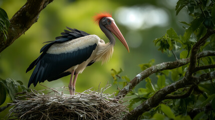 Marabou Stork poses ready to fly from its nest high in a tree, Ai generated Images