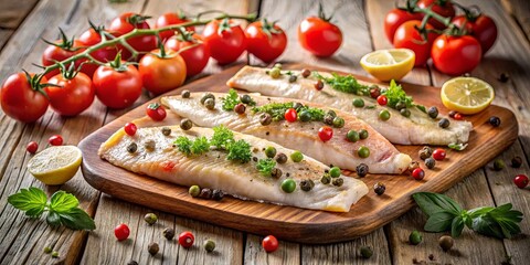 Wall Mural - Two delicious fish fillets served with tomatoes, capers, and seasoning on a rustic wooden table