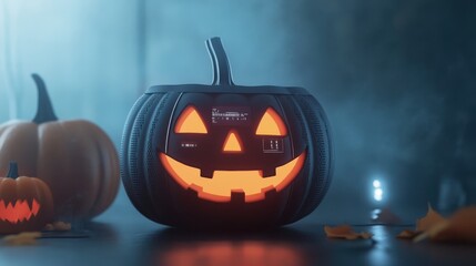 Poster - A modern twist on Halloween featuring a glowing jack-o'-lantern with a digital display, combining tradition with futuristic technology.
