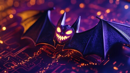 Aufkleber - A futuristic bat with glowing eyes and teeth, hovering above a digital circuit board, blending Halloween with technology.
