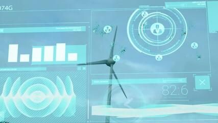 Poster - Wind turbine with data analysis and signal metrics animation over blue background