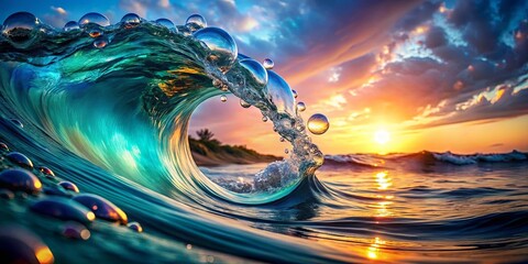 Vibrant ocean wave artwork with water bubble details