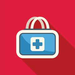 Canvas Print - Blue first aid kit closed, lying on a red background, casting a long shadow