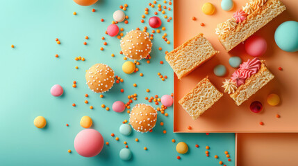 Wall Mural - Colorful Cakes and Candy on Pastel Background