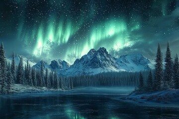 Aurora borealis over the frosty forest. Green northern lights above mountains. Night nature landscape with polar lights. Night winter landscape with aurora.  winter holiday concept. Generative ai