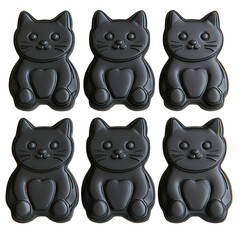 Collection of six black cat-shaped candy neatly arranged in two rows, isolated on a white background.