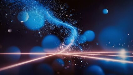 Poster - A digital illustration of blue particles and spheres forming a swirling trail on a dark background with intersecting light beams