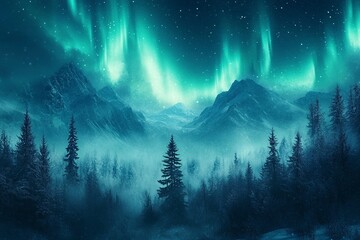 Aurora borealis over the frosty forest. Green northern lights above mountains. Night nature landscape with polar lights. Night winter landscape with aurora.  winter holiday concept. Generative ai
