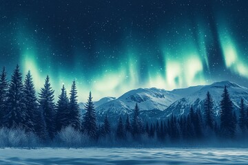 Aurora borealis over the frosty forest. Green northern lights above mountains. Night nature landscape with polar lights. Night winter landscape with aurora.  winter holiday concept. Generative ai