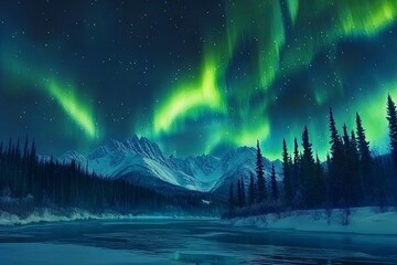 Aurora borealis over the frosty forest. Green northern lights above mountains. Night nature landscape with polar lights. Night winter landscape with aurora.  winter holiday concept. Generative ai