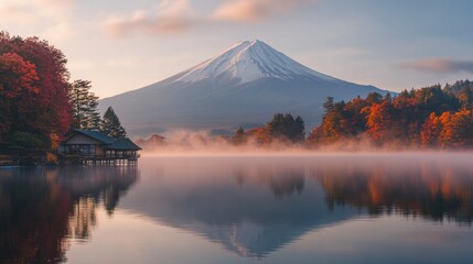 Colorful Autumn Season and Mountain Fuji with morning fog and red leaves at lake Kawaguchiko is one of the best places in Japan